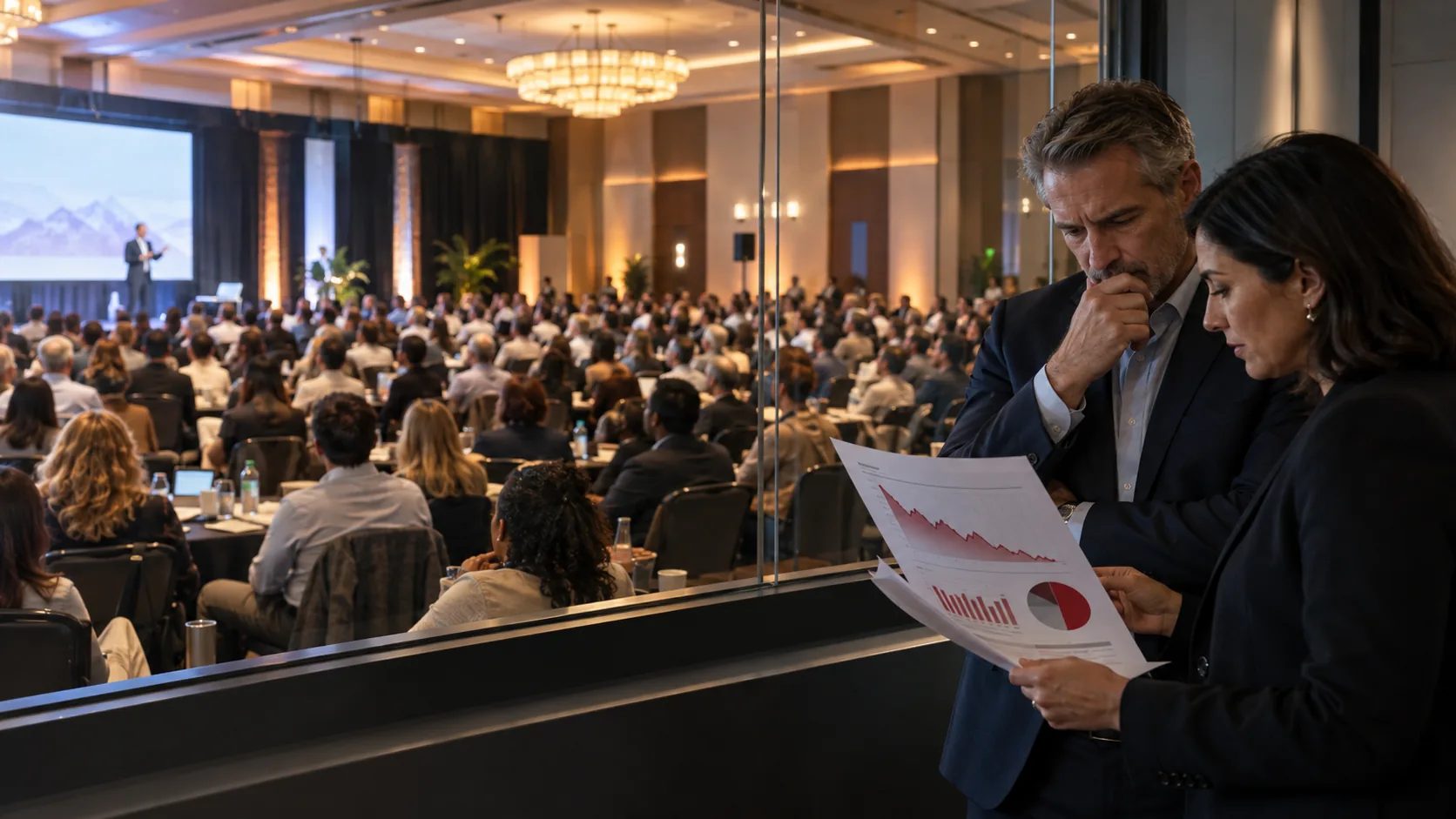 Two executives reviewing a report of disappointing performance results while overlooking a full seminar room