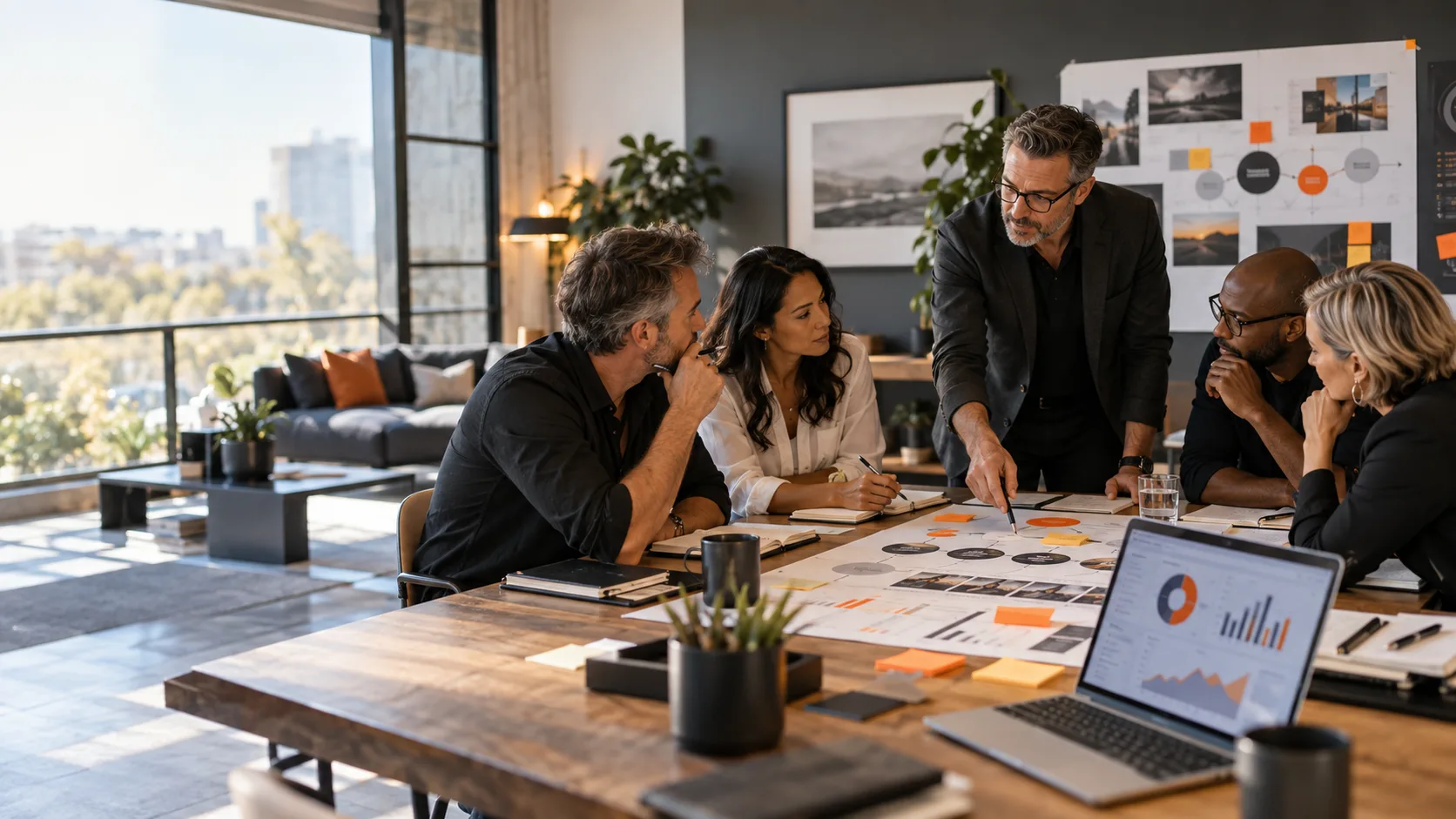 Five executives analyzing an interconnected business system with journey diagrams, notes and performance reports