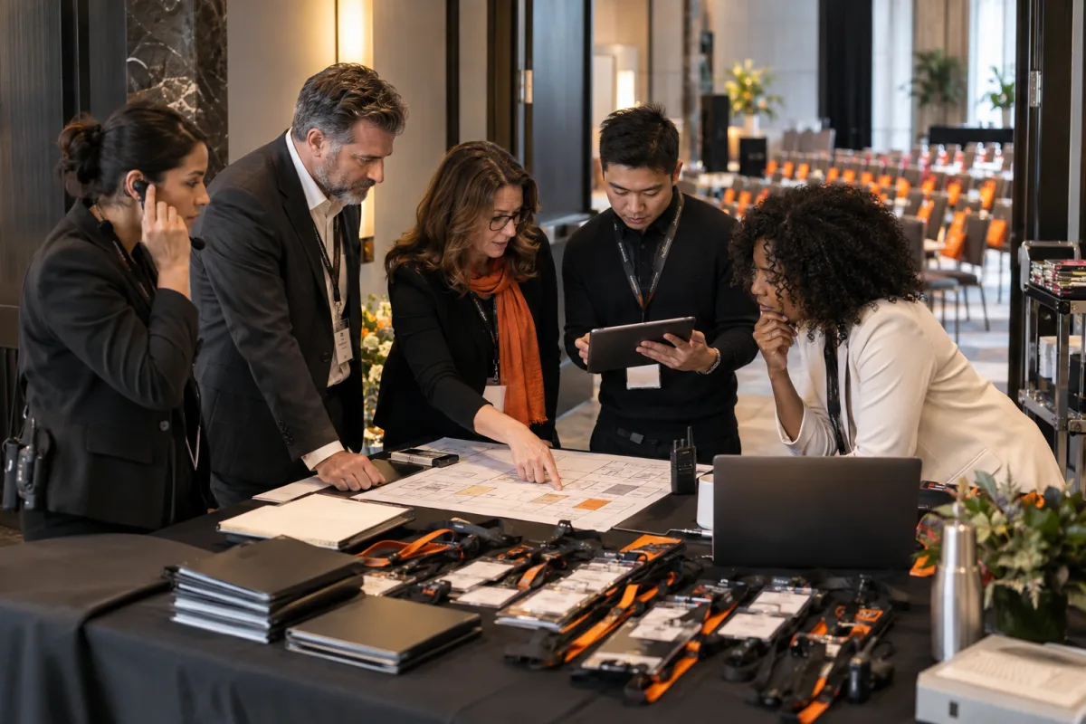 Cross-functional event team coordinating the room plan, schedule and production details using a tablet and printed plans