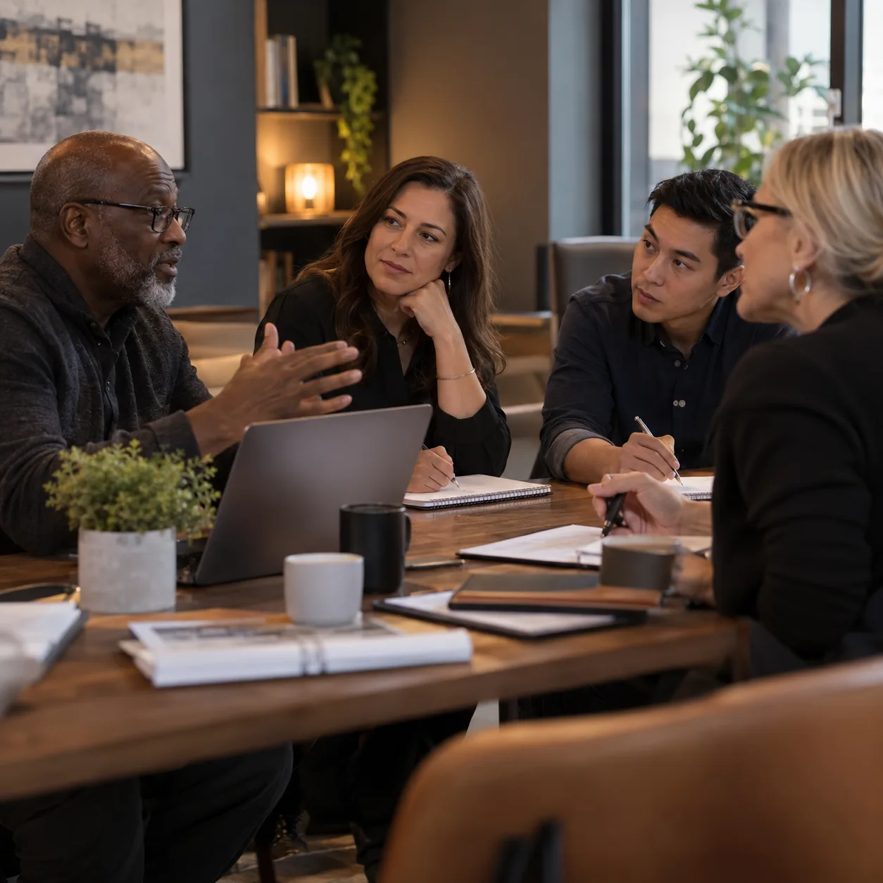 Education team brainstorming around a table