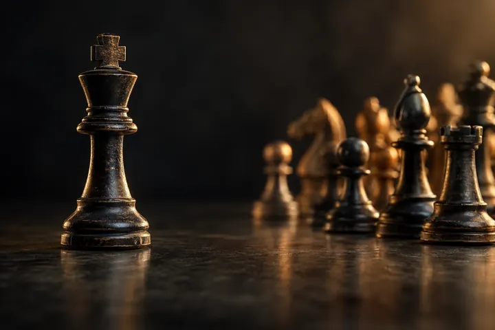 Black chess king separated from competing pieces, representing the resolve to execute an idea