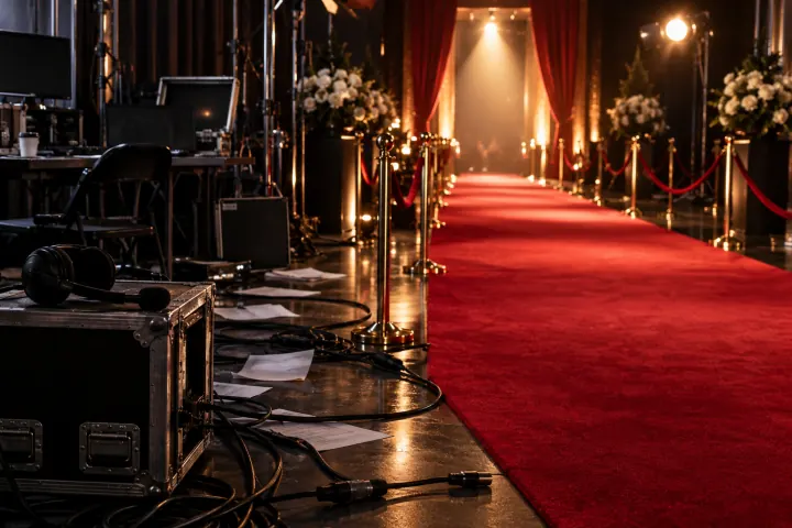 Red-carpet event entrance beside an unattended production station