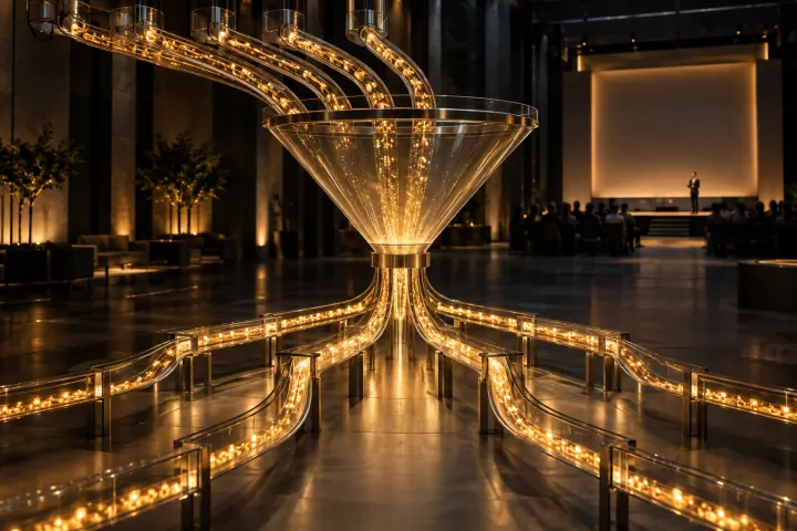Illuminated pathways converging through a glass funnel toward a seminar stage