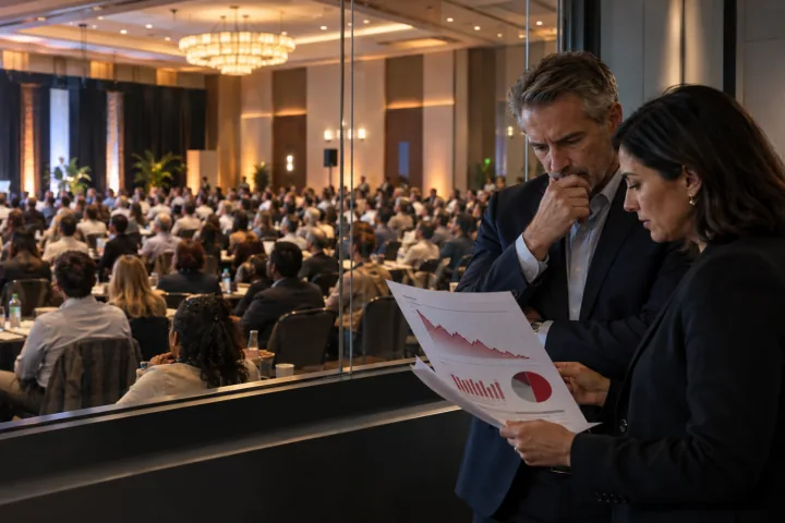 Two executives reviewing a report of disappointing performance results while overlooking a full seminar room