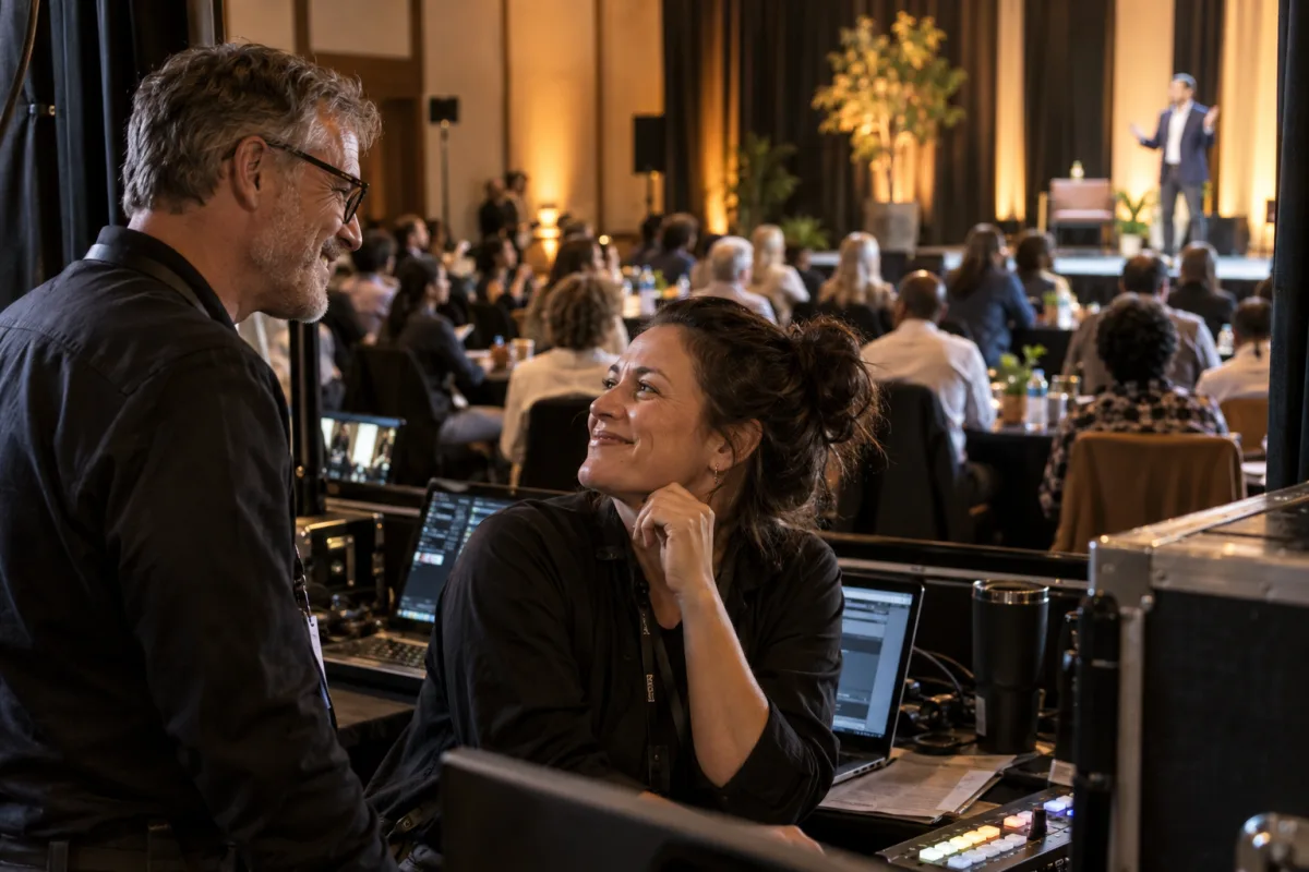 Event leaders coordinating production while a presenter addresses a full seminar room