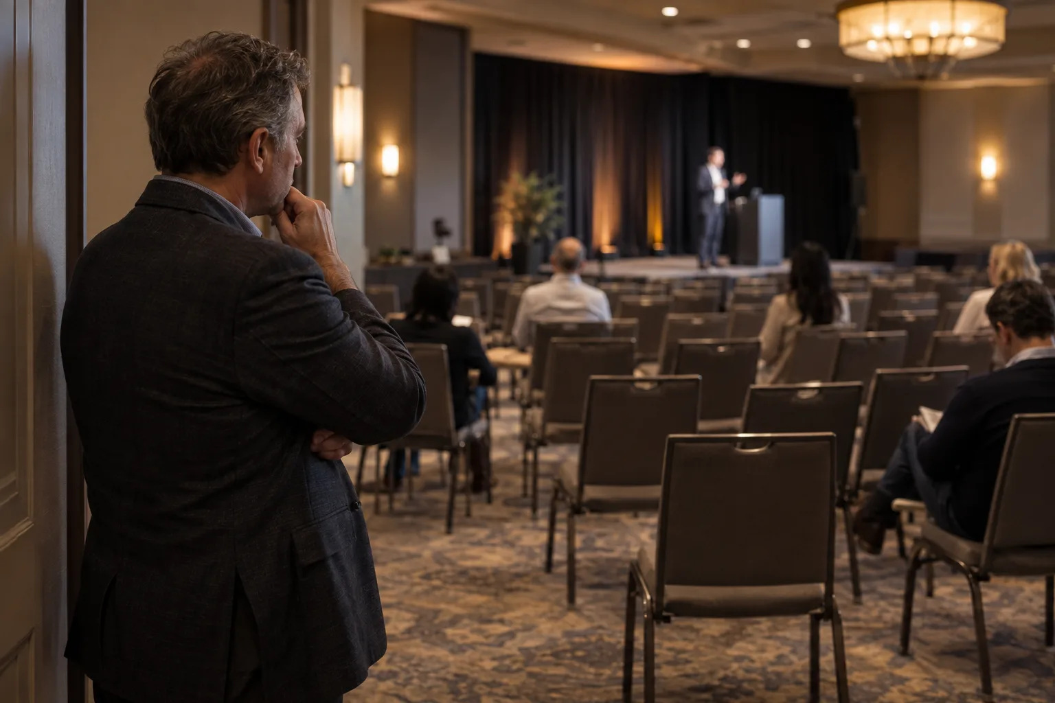 Attendee observing a speaker from the back of a seminar room with many empty chairs